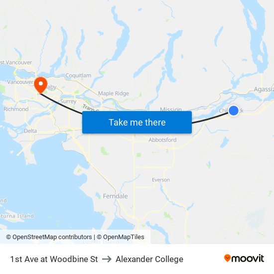 1st Ave at Woodbine St to Alexander College map