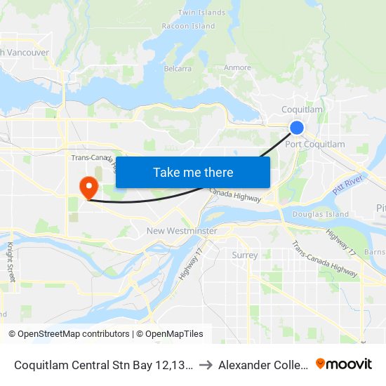 Coquitlam Central Stn Bay 12,13,14 to Alexander College map