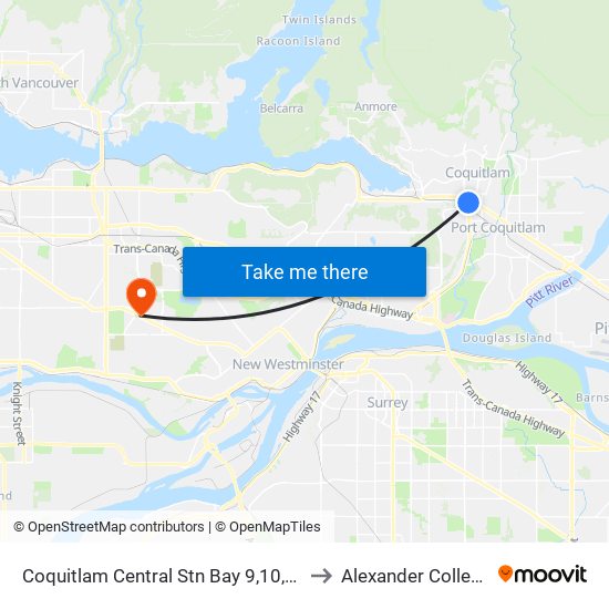 Coquitlam Central Stn Bay 9,10,11 to Alexander College map