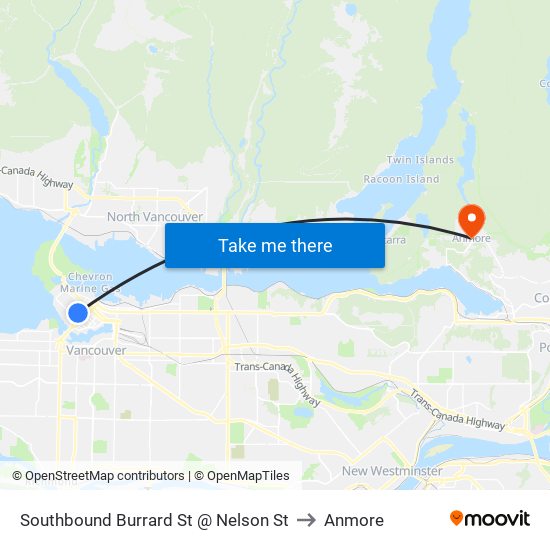 Southbound Burrard St @ Nelson St to Anmore map