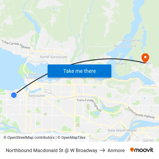 Northbound Macdonald St @ W Broadway to Anmore map