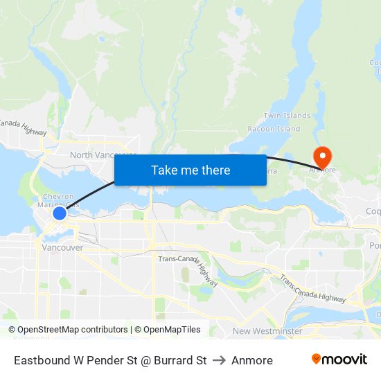 Eastbound W Pender St @ Burrard St to Anmore map