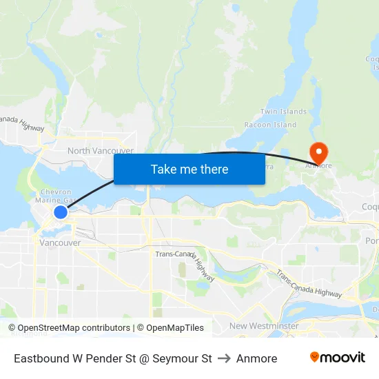 Eastbound W Pender St @ Seymour St to Anmore map