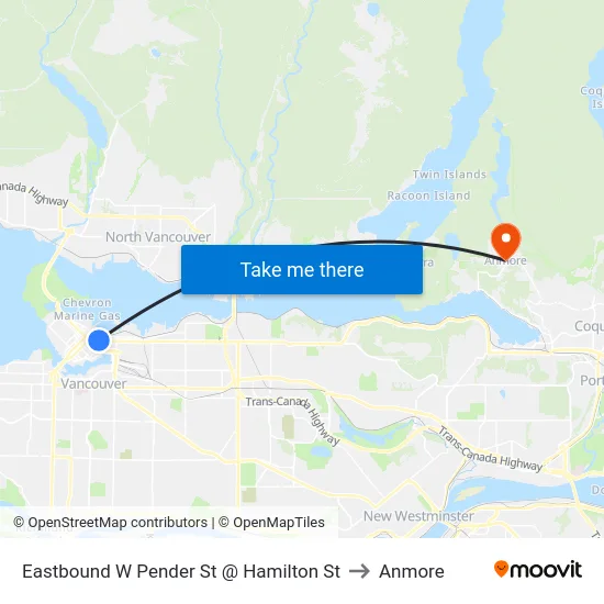 Eastbound W Pender St @ Hamilton St to Anmore map