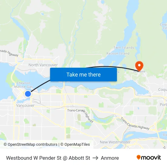 Westbound W Pender St @ Abbott St to Anmore map