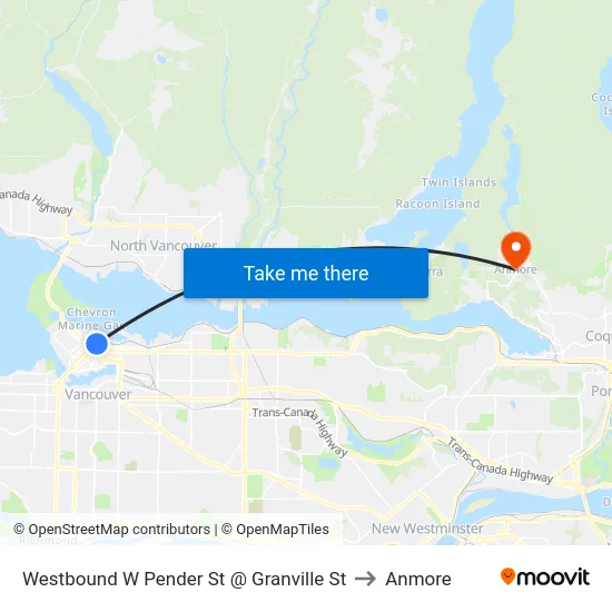 Westbound W Pender St @ Granville St to Anmore map