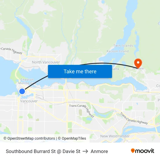 Southbound Burrard St @ Davie St to Anmore map