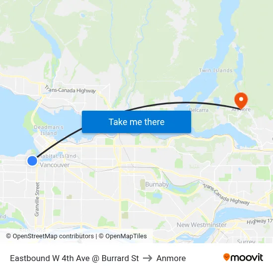 Eastbound W 4th Ave @ Burrard St to Anmore map