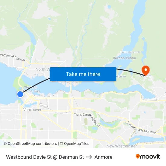 Westbound Davie St @ Denman St to Anmore map