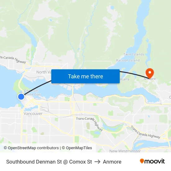 Southbound Denman St @ Comox St to Anmore map
