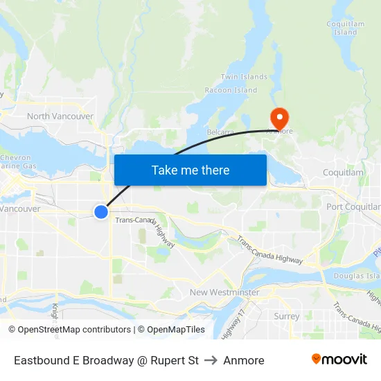Eastbound E Broadway @ Rupert St to Anmore map