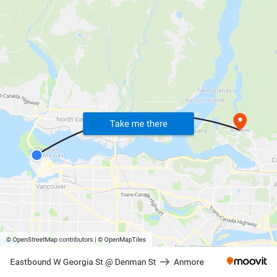 Eastbound W Georgia St @ Denman St to Anmore map