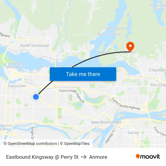 Eastbound Kingsway @ Perry St to Anmore map