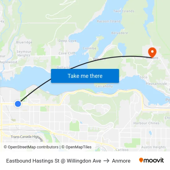 Eastbound Hastings St @ Willingdon Ave to Anmore map