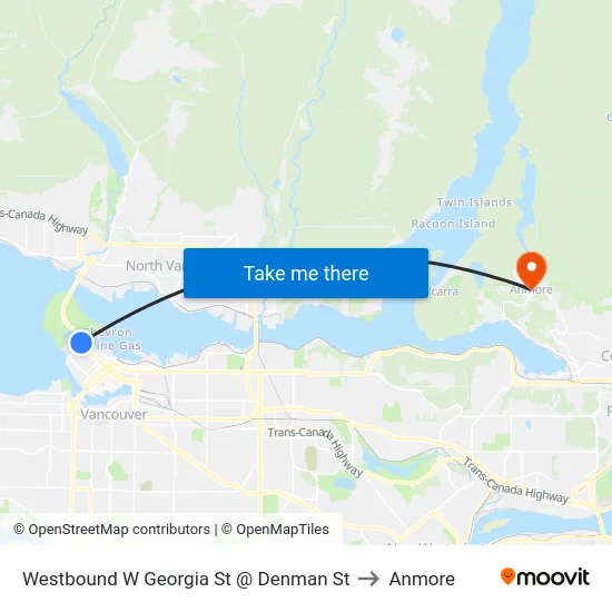Westbound W Georgia St @ Denman St to Anmore map