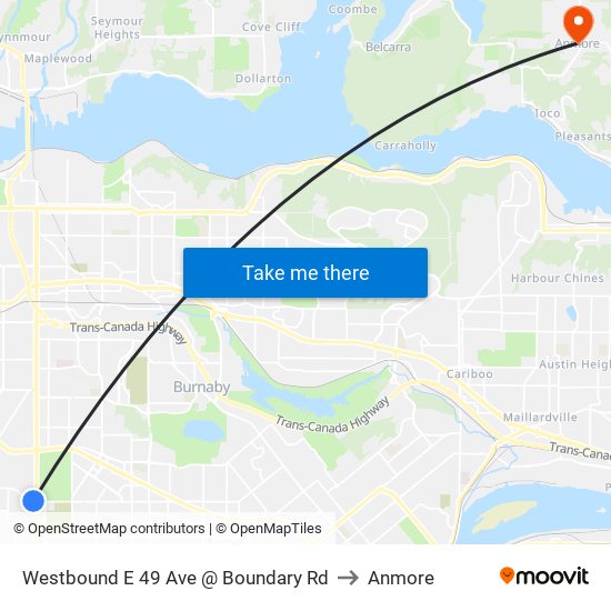 Westbound E 49 Ave @ Boundary Rd to Anmore map
