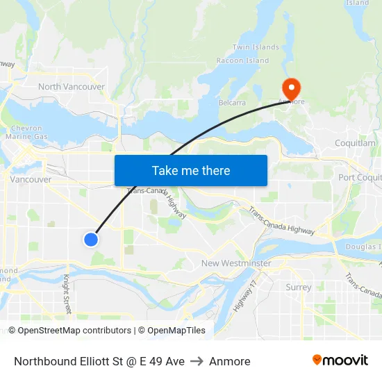 Northbound Elliott St @ E 49 Ave to Anmore map