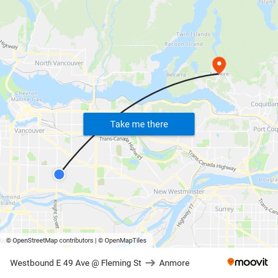 Westbound E 49 Ave @ Fleming St to Anmore map