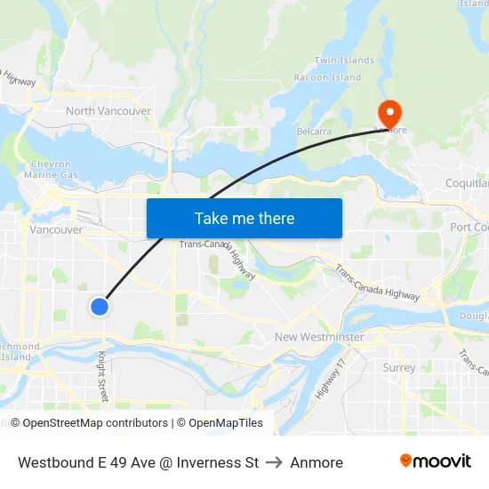 Westbound E 49 Ave @ Inverness St to Anmore map