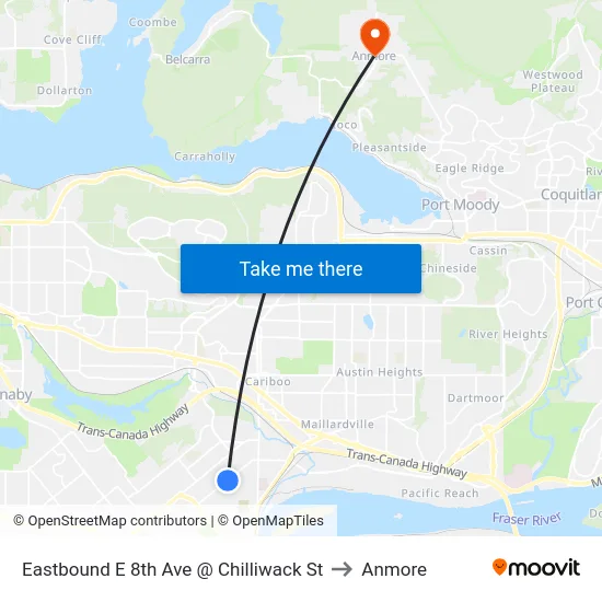 Eastbound E 8th Ave @ Chilliwack St to Anmore map