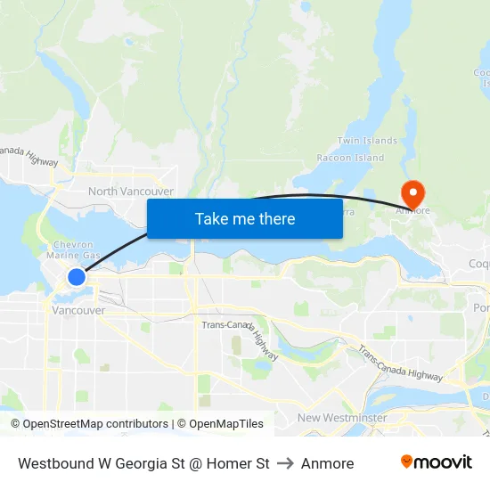 Westbound W Georgia St @ Homer St to Anmore map