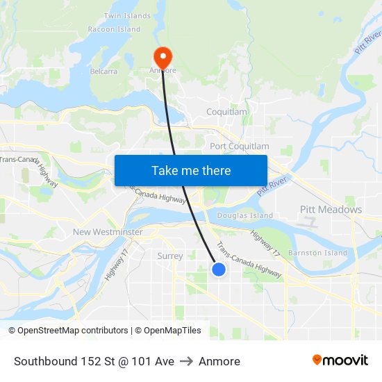 Southbound 152 St @ 101 Ave to Anmore map