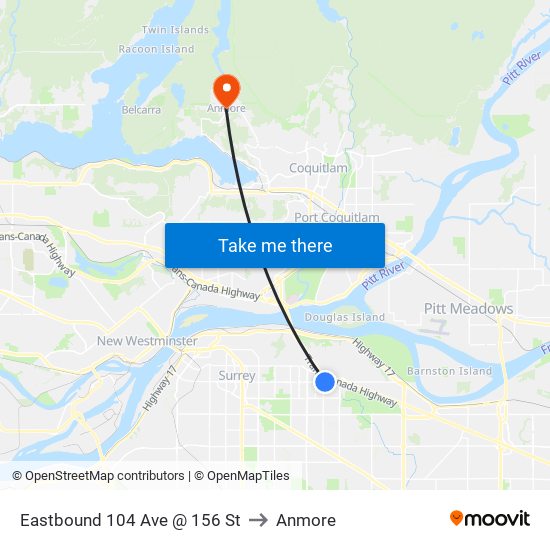 Eastbound 104 Ave @ 156 St to Anmore map