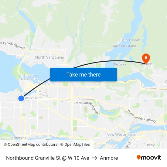 Northbound Granville St @ W 10 Ave to Anmore map