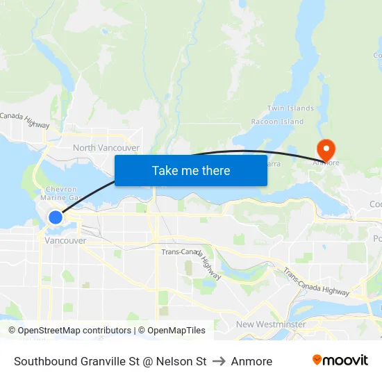 Southbound Granville St @ Nelson St to Anmore map