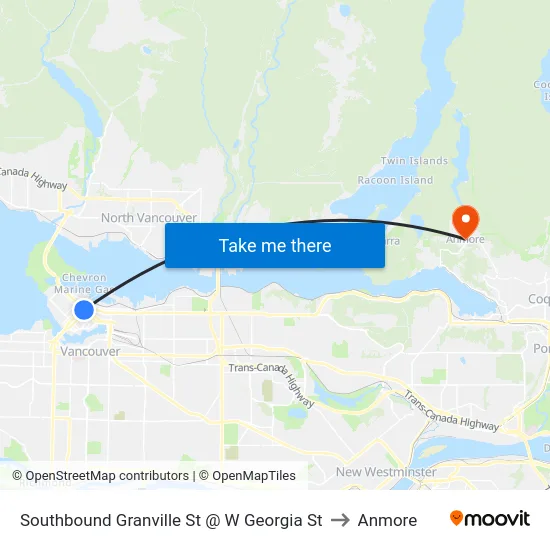 Southbound Granville St @ W Georgia St to Anmore map