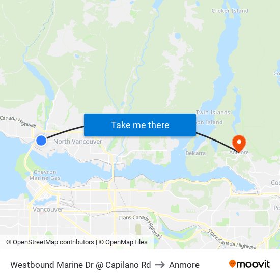 Westbound Marine Dr @ Capilano Rd to Anmore map