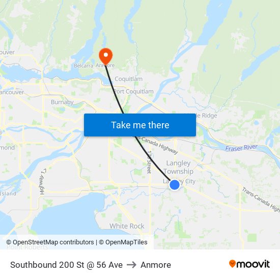 Southbound 200 St @ 56 Ave to Anmore map