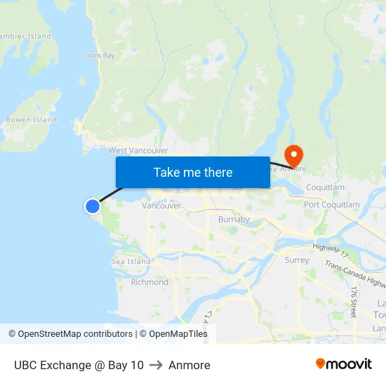 UBC Exchange @ Bay 10 to Anmore map