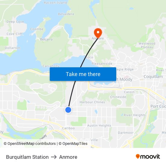 Burquitlam Station to Anmore map