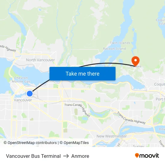 Vancouver Bus Terminal to Anmore map