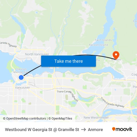 Westbound W Georgia St @ Granville St to Anmore map