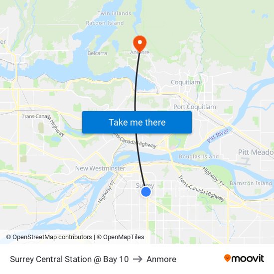 Surrey Central Station @ Bay 10 to Anmore map