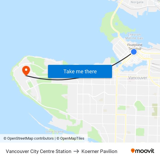 Vancouver City Centre Station to Koerner Pavilion map