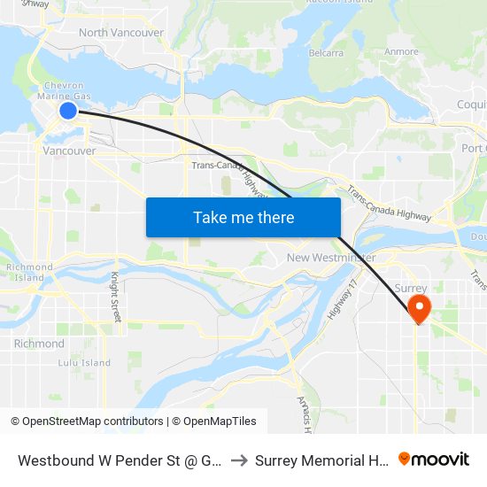 Westbound W Pender St @ Granville St to Surrey Memorial Hospital map
