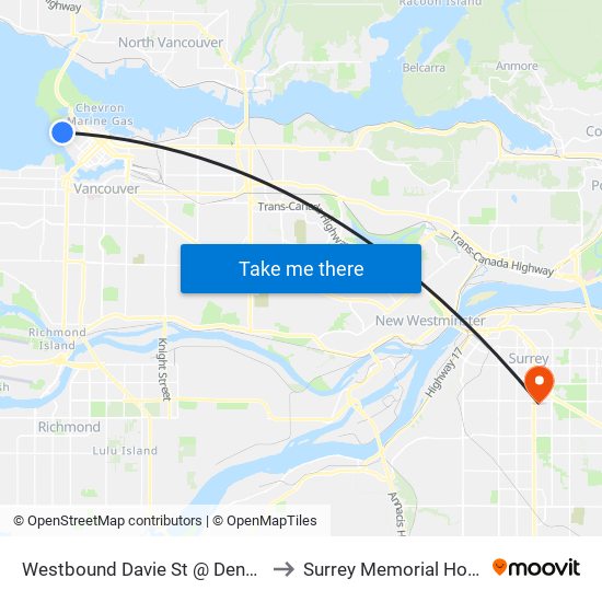 Westbound Davie St @ Denman St to Surrey Memorial Hospital map