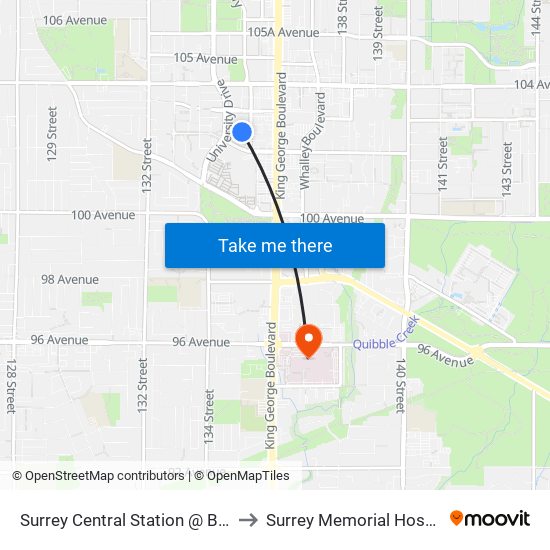Surrey Central Station @ Bay 9 to Surrey Memorial Hospital map