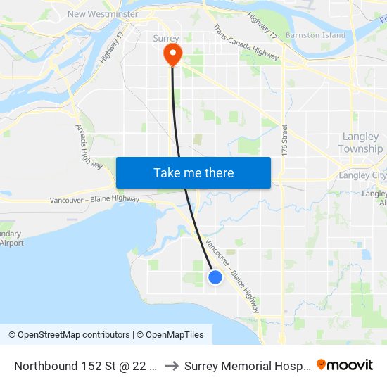 Northbound 152 St @ 22 Ave to Surrey Memorial Hospital map