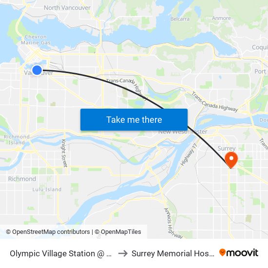 Olympic Village Station @ Bay 1 to Surrey Memorial Hospital map