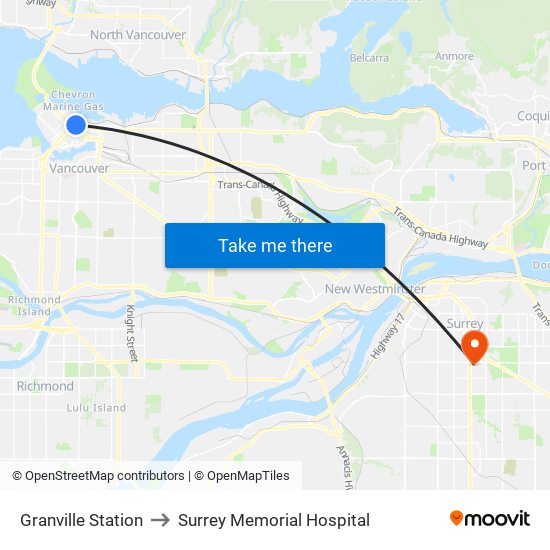 Granville Station to Surrey Memorial Hospital map