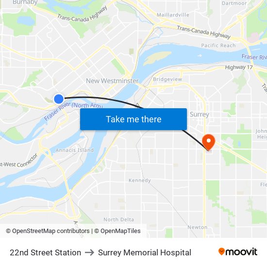 22nd Street Station to Surrey Memorial Hospital map