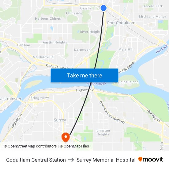 Coquitlam Central Station to Surrey Memorial Hospital map