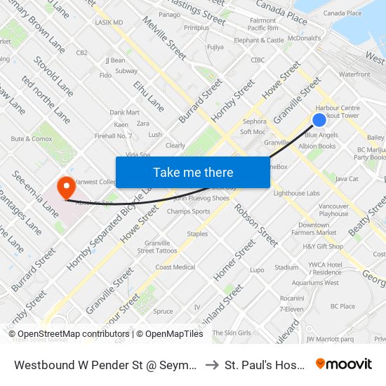 Westbound W Pender St @ Seymour St to St. Paul's Hospital map