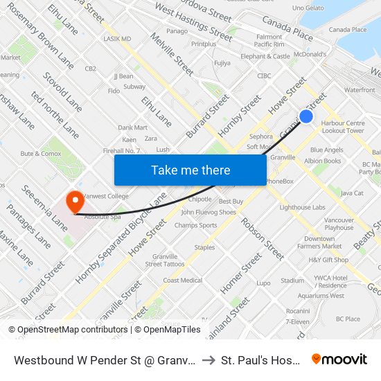 Westbound W Pender St @ Granville St to St. Paul's Hospital map