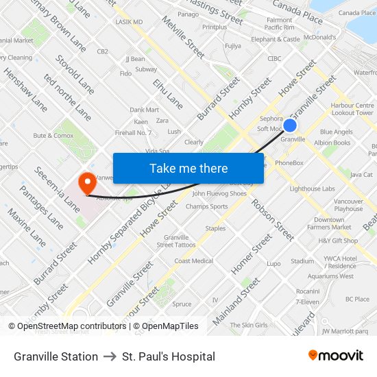 Granville Station to St. Paul's Hospital map