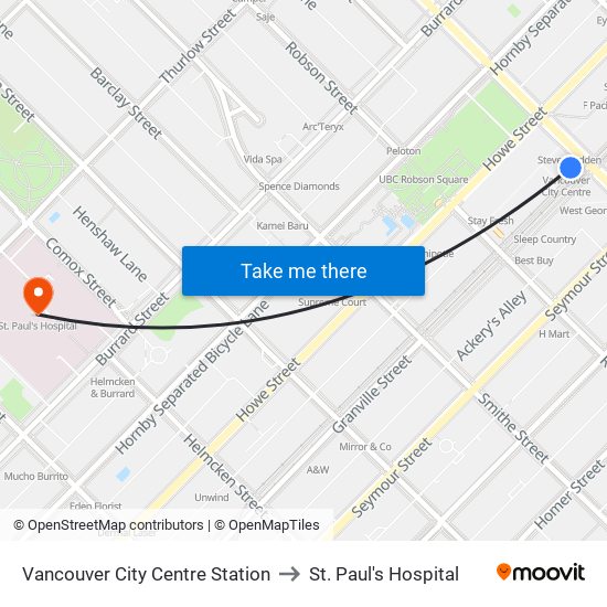 Vancouver City Centre Station to St. Paul's Hospital map